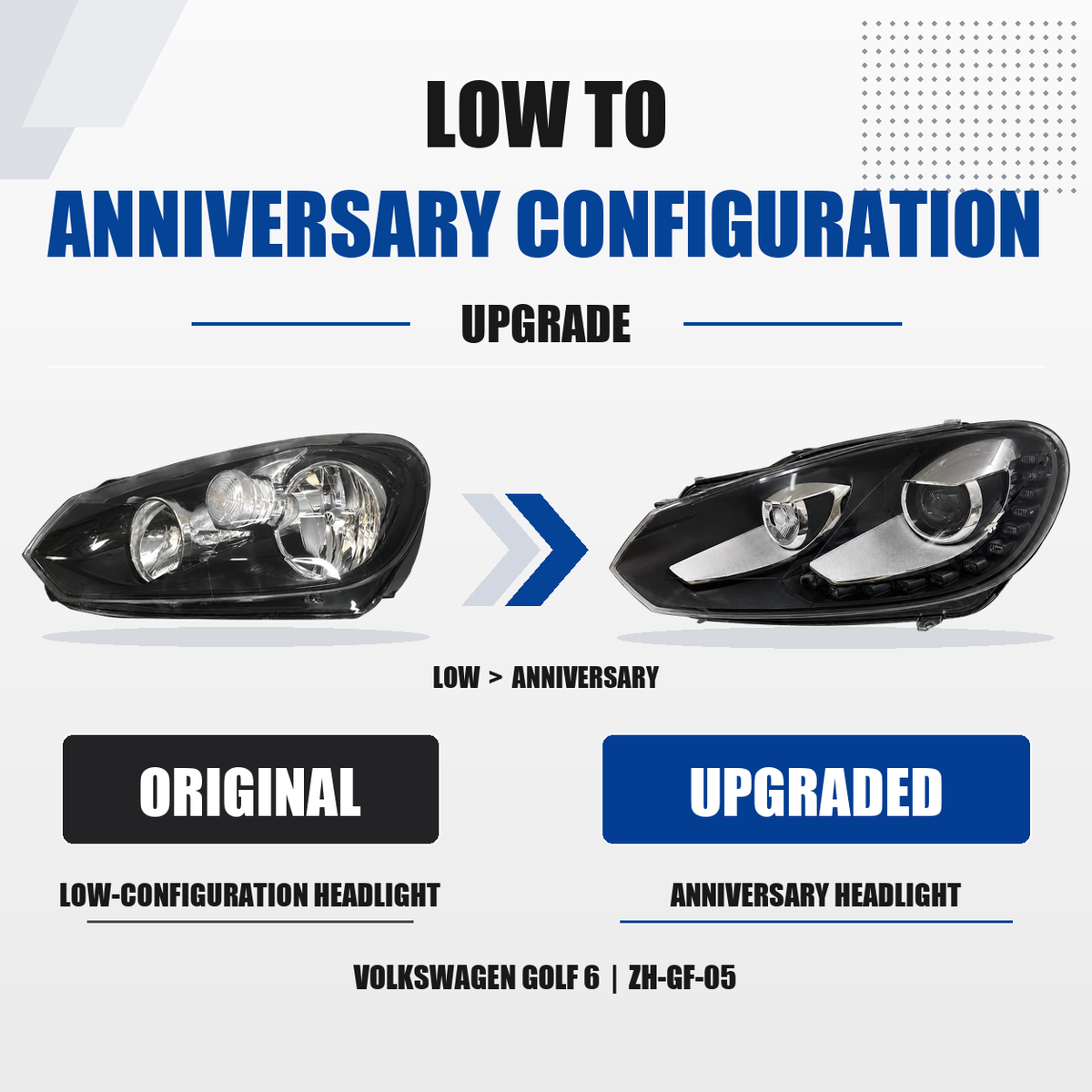FANCHANTS Volkswagen Golf 6 2009-2012 LOW-to-anniversary upgrade headlight comparison, original LOW left and upgraded anniversary configuration right product image 1
