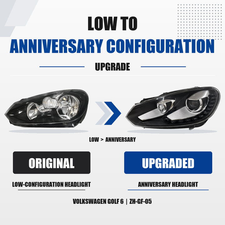 FANCHANTS Volkswagen Golf 6 2009-2012 LOW-to-anniversary upgrade headlight comparison, original LOW left and upgraded anniversary configuration right