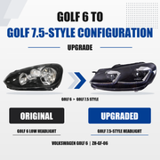 FANCHANTS Volkswagen Golf 6 2009-2012 upgrade comparison, original ZH-GF-01 LOW headlight left and Golf 7.5-style upgrade headlight right