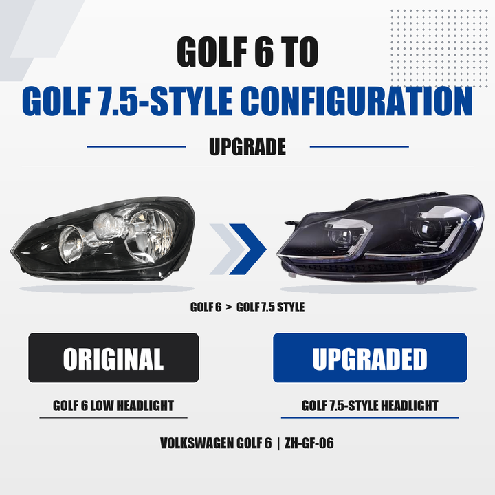 FANCHANTS Volkswagen Golf 6 2009-2012 upgrade comparison, original ZH-GF-01 LOW headlight left and Golf 7.5-style upgrade headlight right