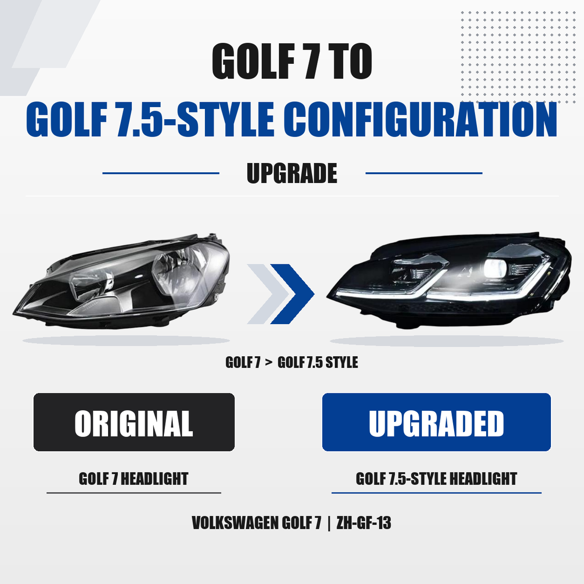 FANCHANTS Golf 7 to Golf 7.5-style upgrade headlight for Volkswagen Golf 7 2013-2017, original-to-upgraded comparison product image 1