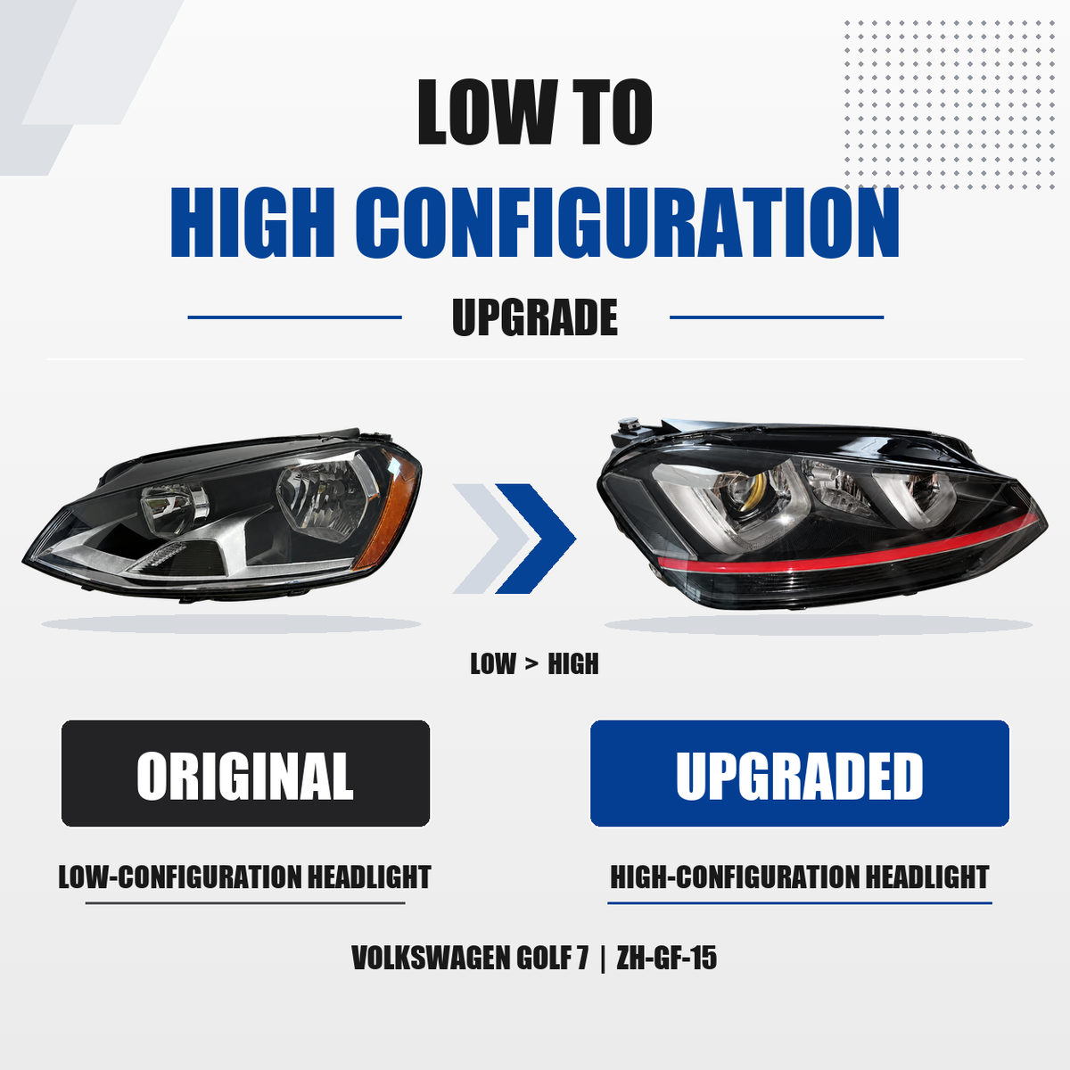 FANCHANTS low-to-high configuration halogen upgrade headlight for Volkswagen Golf 7 2013-2017, original-to-upgraded comparison product image 1