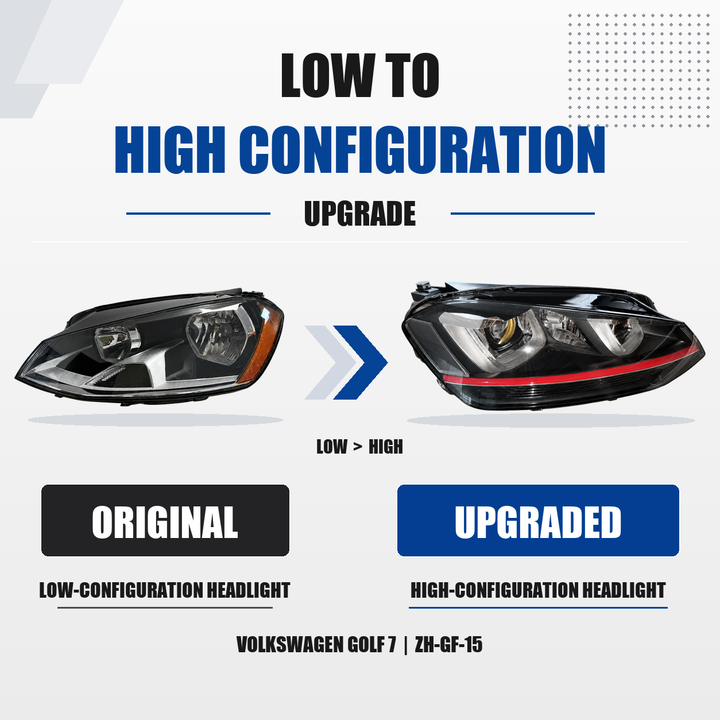 FANCHANTS low-to-high configuration halogen upgrade headlight for Volkswagen Golf 7 2013-2017, original-to-upgraded comparison