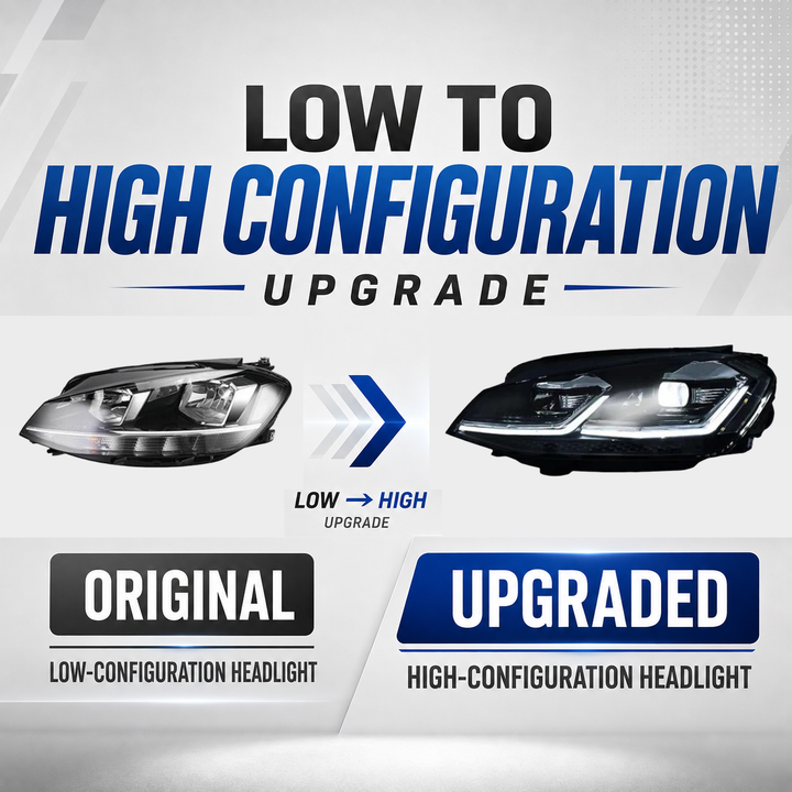 FANCHANTS low-to-high configuration upgrade headlight comparison for Volkswagen Golf 7.5 2017-2019, ZH-GF-20 low source and ZH-GF-22 high comparison; verify fitment details