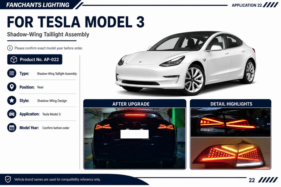 AP-022 Tesla Model 3 Shadow-Wing Taillight Assembly - official catalog overview