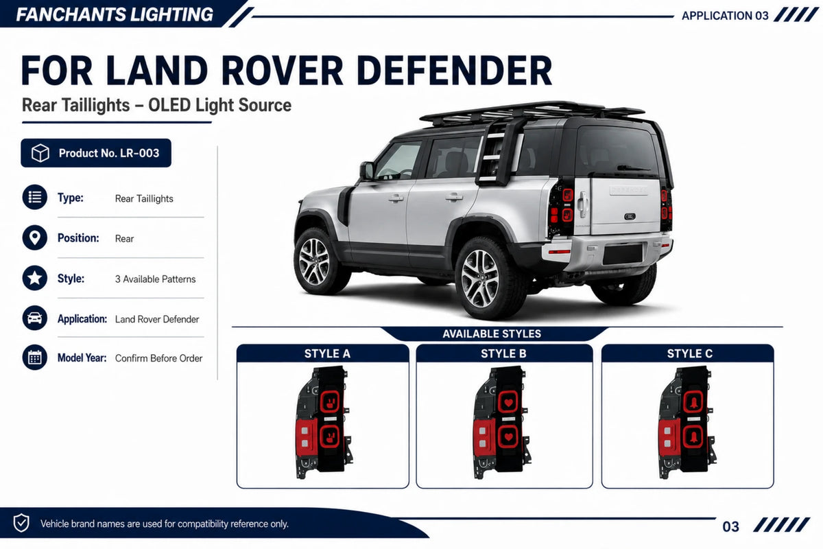 LR-003 Land Rover Defender Rear Taillights - OLED Light Source - official catalog overview
