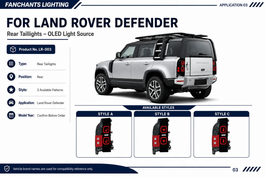 LR-003 Land Rover Defender Rear Taillights - OLED Light Source - official catalog overview